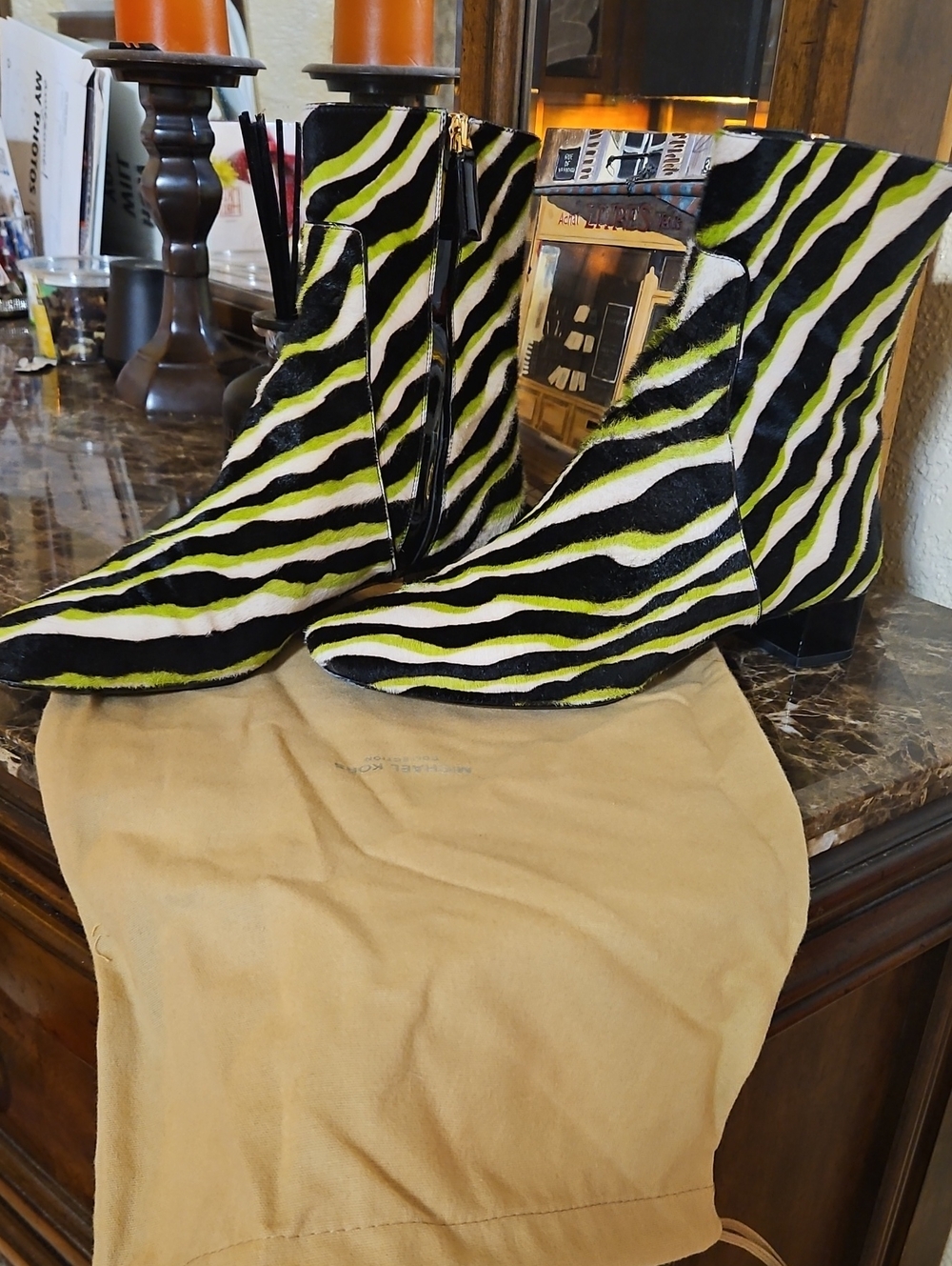Michael Kors Black White Lime Zebra-Print Ankle Booties